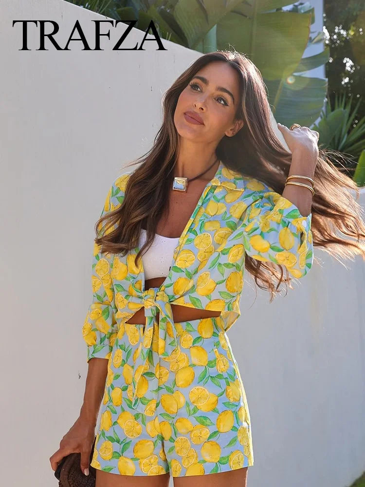 TRAFZA Women Shorts 2 Piece Set Fruit Print Lace Up Shirt Casual Beach Short Top+2024 High Waist Zipper Side Pockets Shorts TRAF