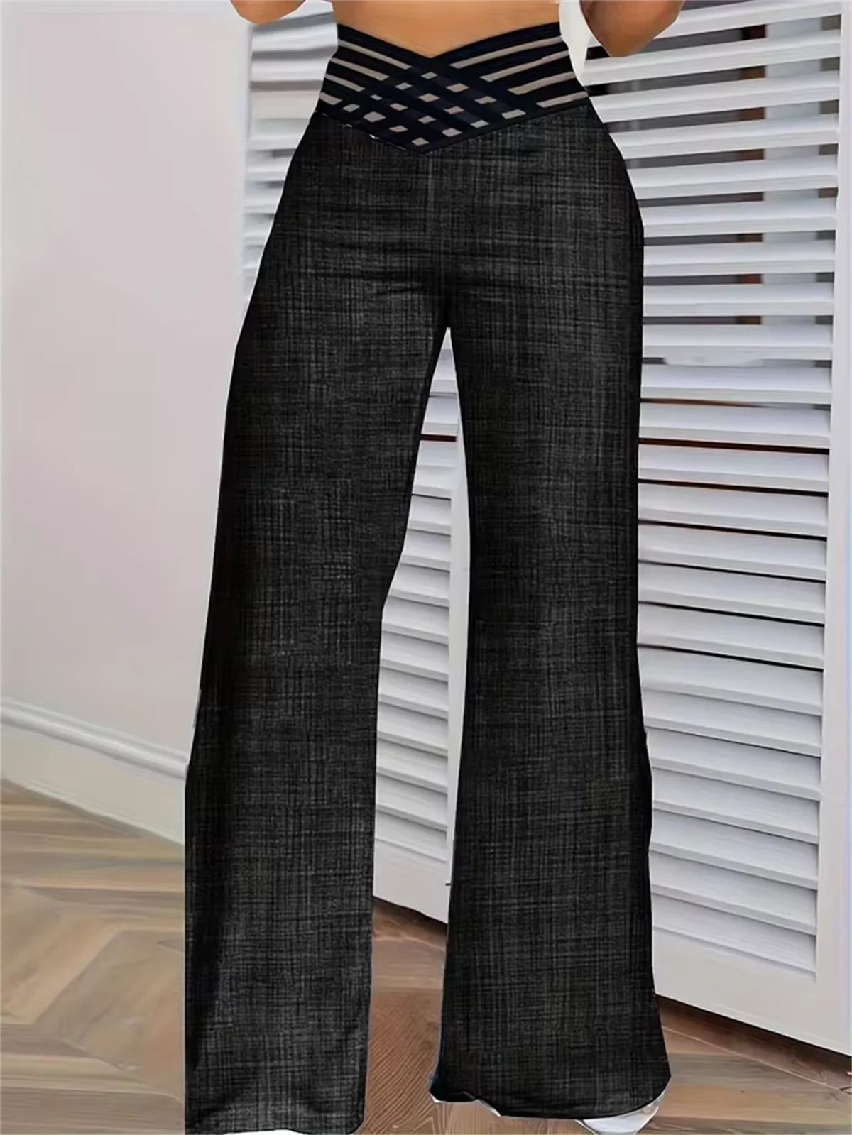 Women Wide Leg Flared Pants Hollow Out 2024 Fall High Waist Pant Casual Crisscross Sheer Mesh Patch Trousers Y2k Streetwear Chic