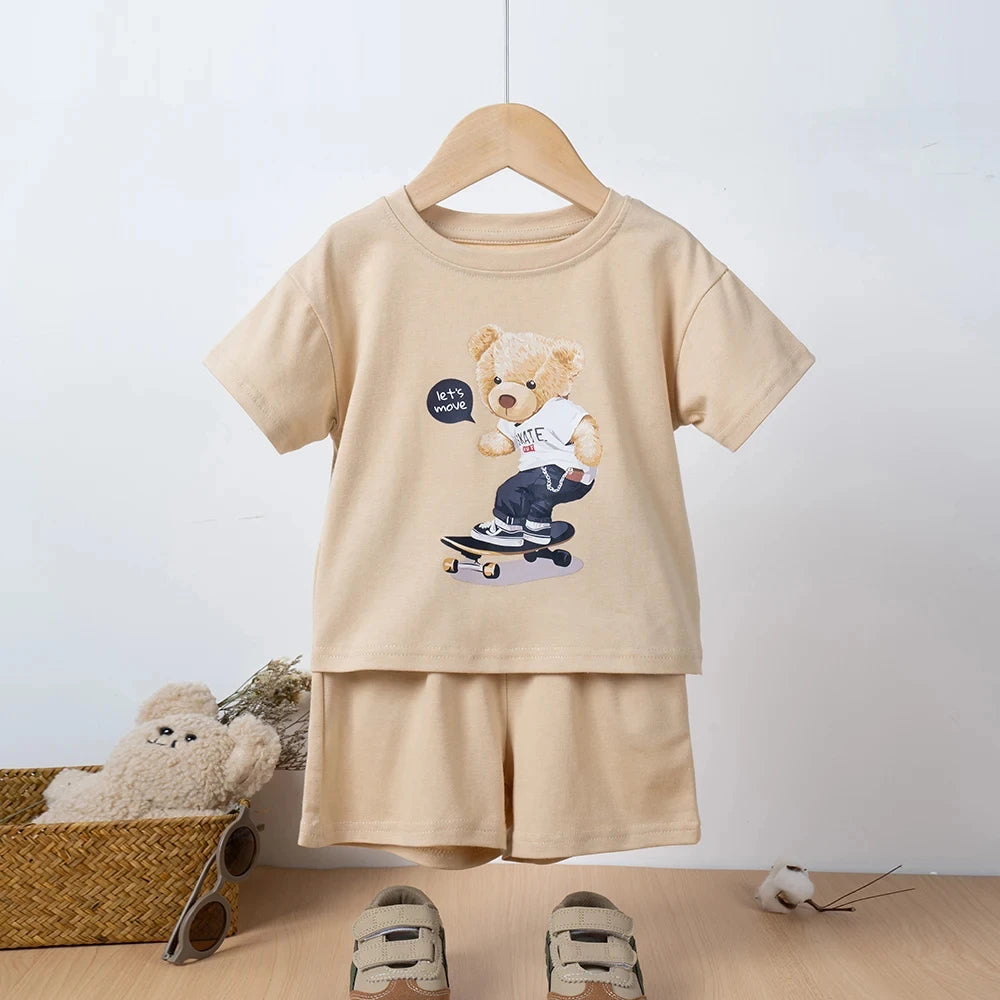 Children's Summer Cartoon Print Sportswear T-shirt And Shorts Children's Clothing Set Boys And Girls 2-Piece Set