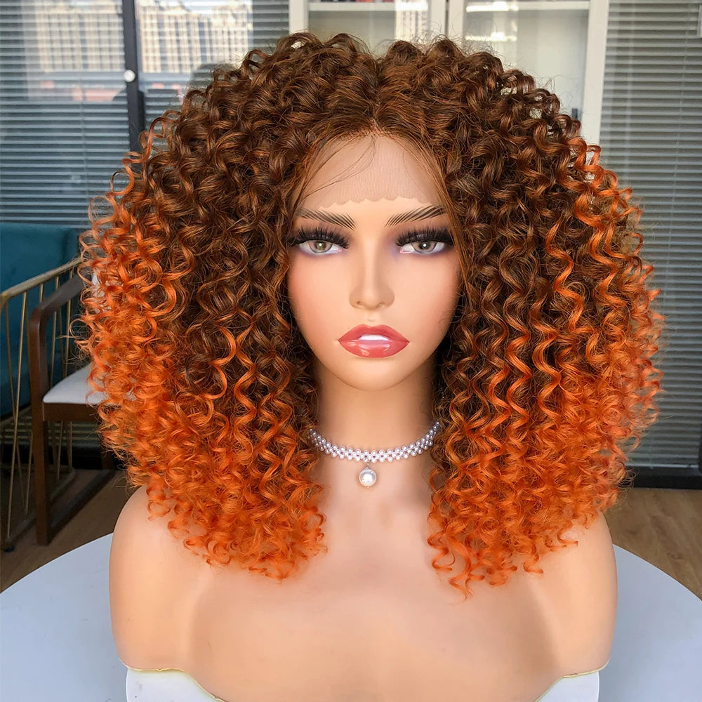 Short Bob Wig Lace Front Wigs for Women Afro Kinky Curly Wigs Ombre Brown Synthetic Middle Nature Hair Black Headgear with Clips