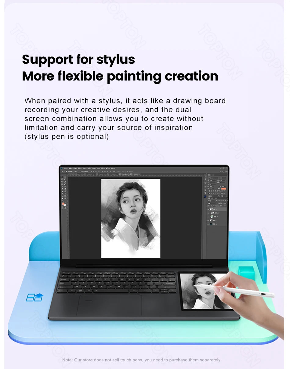 Topton L10 Dual Screen Laptop 15.6 Inch IPS + 7'' Touch 12th Gen Intel N100 Max 32G DDR4 2T SSD Slim Office Notebook PC Computer