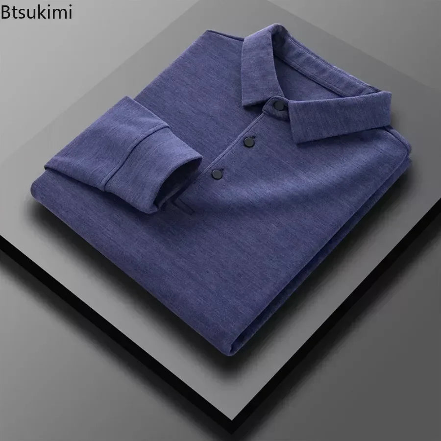 2024 Men's Casual Warm Shirts Tops Solid Autumn Winter Thick Long Sleeve Polo Shirts Male T-Shirt Business Formal Basic Shirts