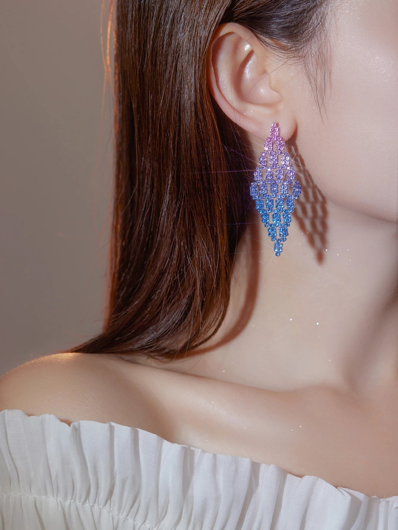 Shiny Multicolored Crystal Long Drop Earrings For Women Brides Classic Geometry Square Dangle Earring Wedding Party Jewelry Gift