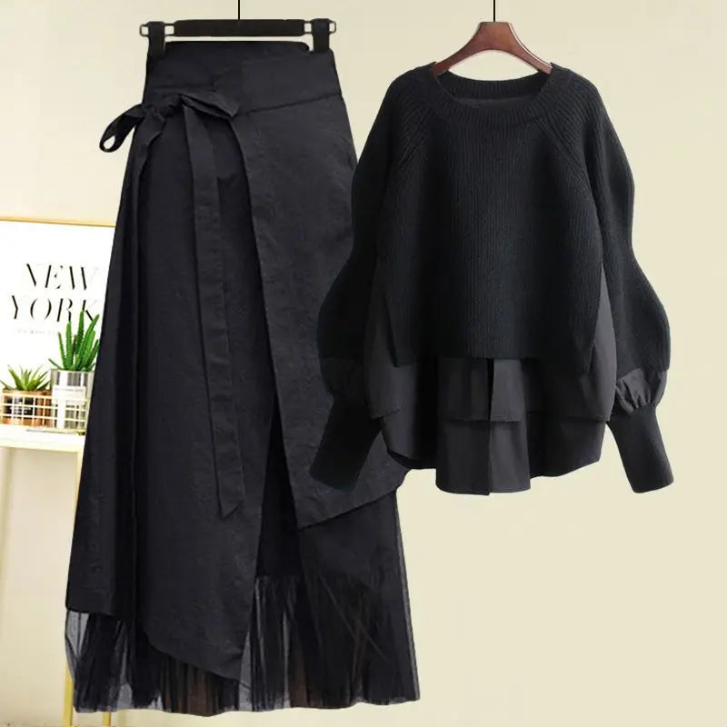 Women's Spring Autumn New Fashion Fake Two Piece Knit Sweater+Strap A-line Skirt Suit Korean Elegant Pullover Dress Matching Set