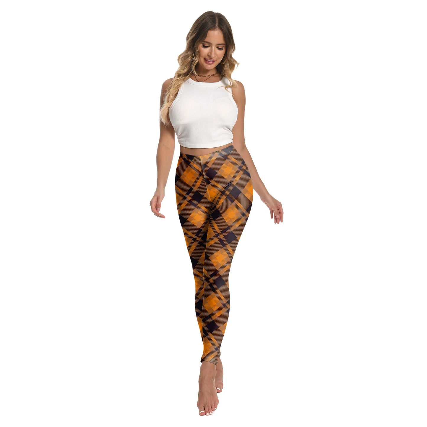 Zawaland Women Pants Yellow Tartan 3D Printing Leggings Halloween Stripe Trousers Female Elastic Tights Mid Waist Long Pants