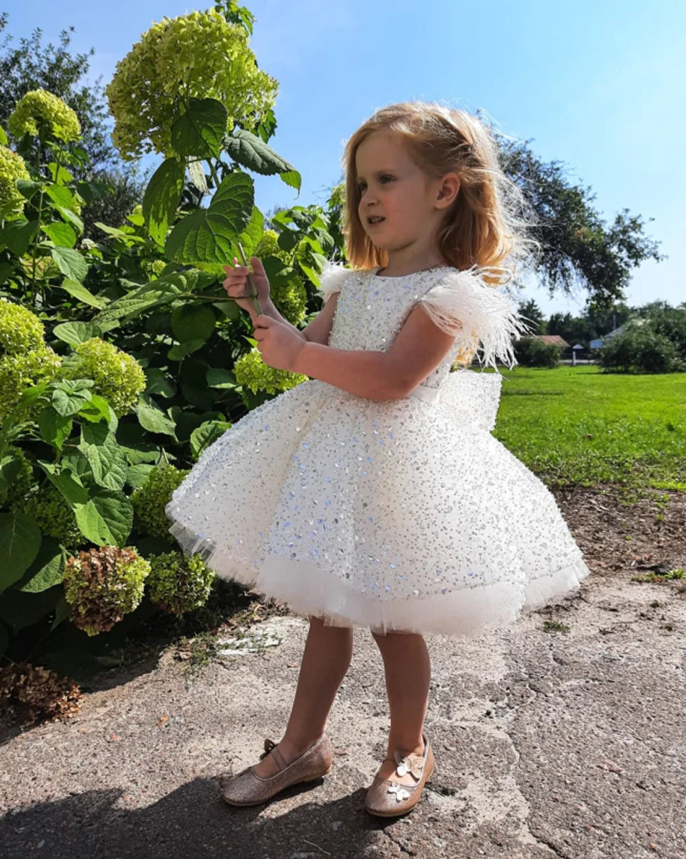 3-9 Years White Tulle Girl Dress Sequined Bows Children's First Communion Ball Gown Wedding Party Bridesmaid Dress Kids Princess