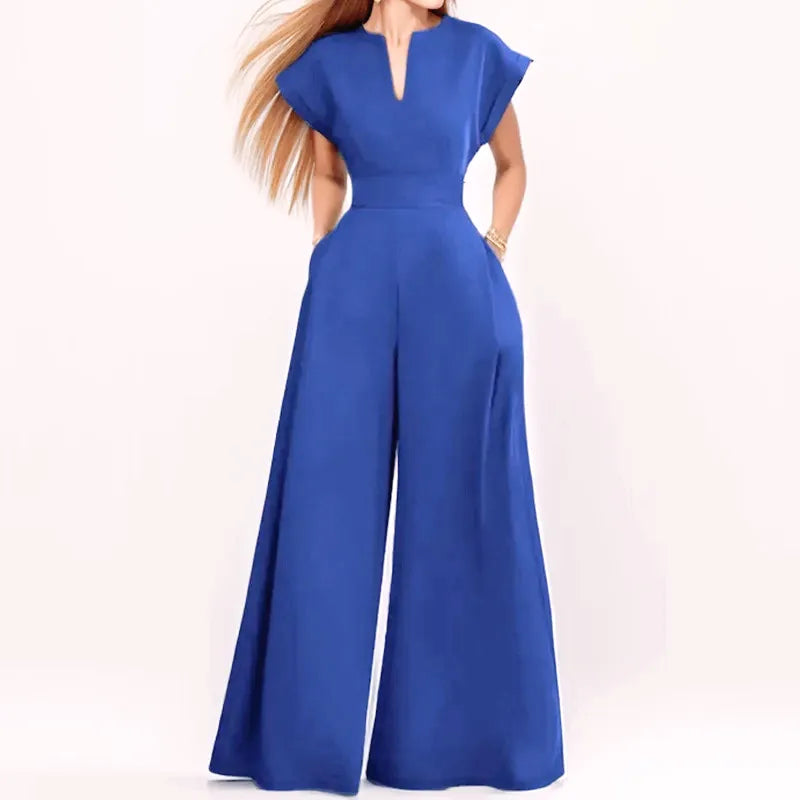Elegant Women Long Jumpsuit 2024 Summer Wide Leg Pants Romper Casual Short Sleeve Playsuit Holiday Communting Overalls