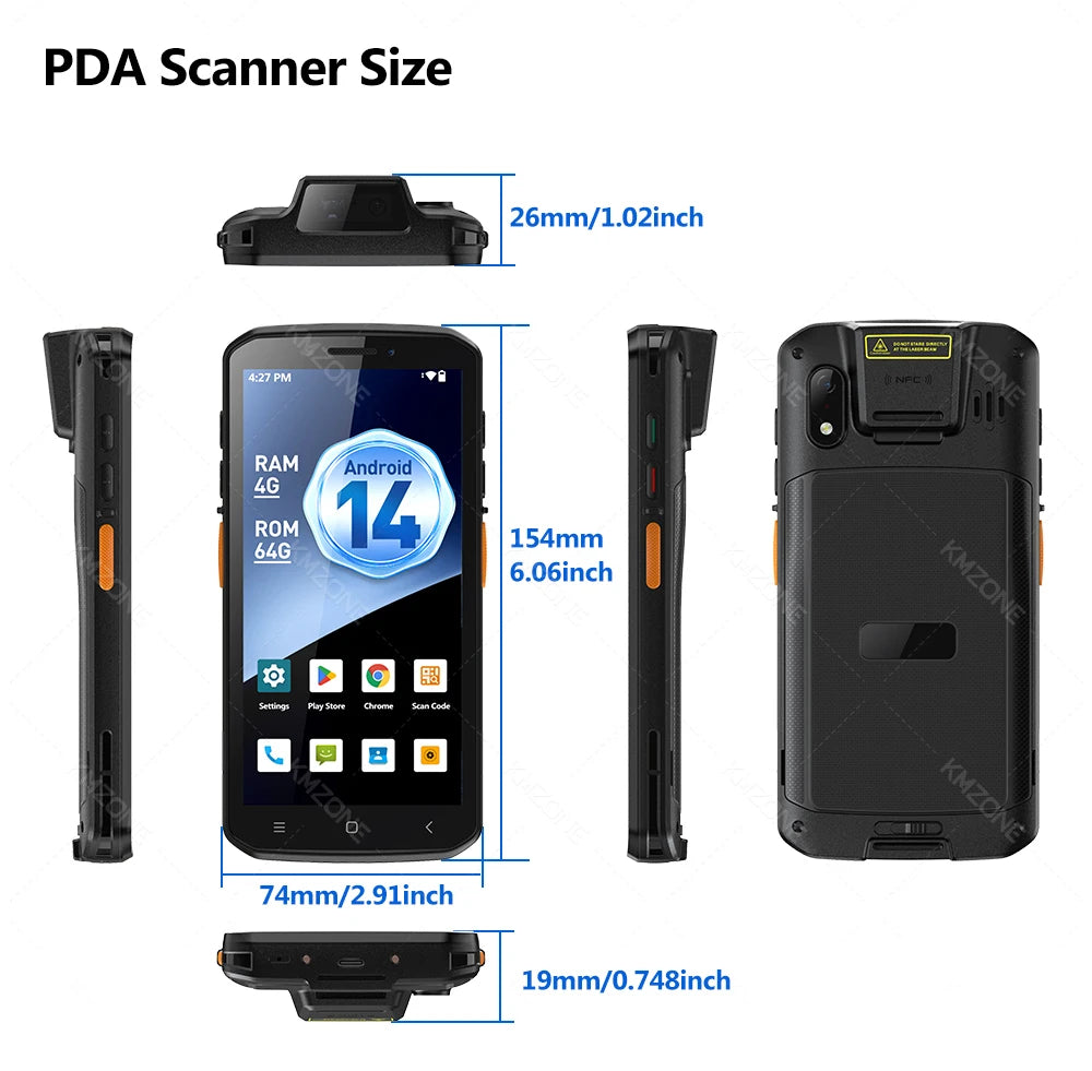 MTK6765 PDA Terminal Android 14 with NFC 4G64G Wifi GPS 1D 2D QR Barcode Scanner Reader Data Collector Mobile Warehouse device