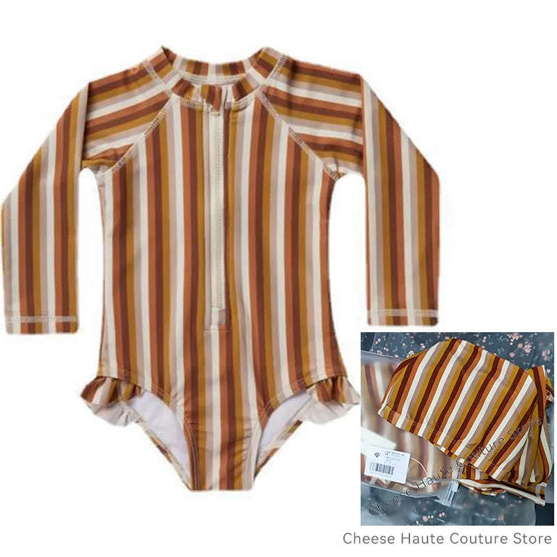 RC Baby Girls Swimwears 1-12y Kids Long Sleeve Sunscreen Floral Toddler Swimming Swimsuit Striped Bikini Suits 2022 Hot Clothes