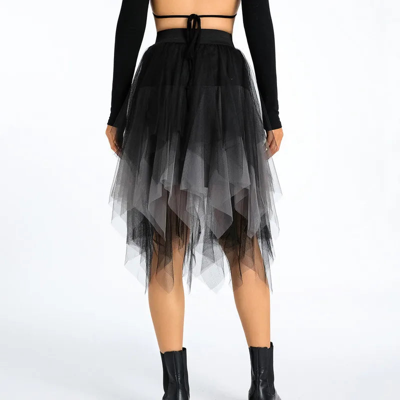 WPNAKS Women Mesh Midi Skirt Summer Clothes Fashion Elegant Elastic Waist Contrast Color Tulle Skirt Female Clothing Streetwear