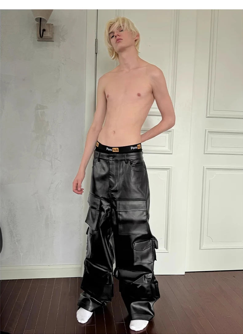 Mauroicardi Autumn Cool Black Pu Leather Straight Cargo Pants for Men Many Three-dimensional Pockets Luxury Designer Clothes