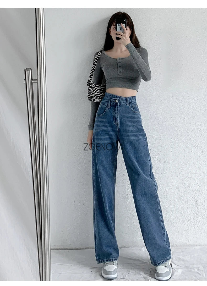 ZOENOVA Y2K 2023 Women Clothing Cross Waist Straight Wide Leg Pants Chic Korean Casual Commuting Style Baggy Streetwear Jeans