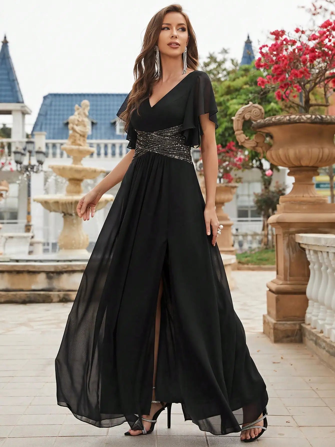 Contrast Sequin Butterfly Sleeve Split Thigh Chiffon Formal Bridesmaid Dress