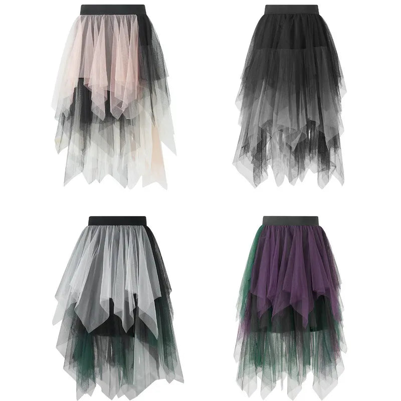 WPNAKS Women Mesh Midi Skirt Summer Clothes Fashion Elegant Elastic Waist Contrast Color Tulle Skirt Female Clothing Streetwear