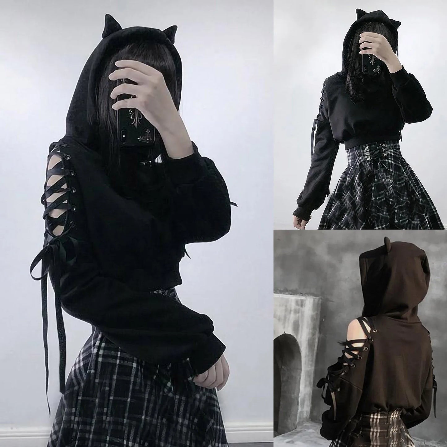 Women's Clothes Solid Color Gothic Hoddies Women's Sweatshirt Hollow Out Long Sleeve Hodded Casual Pullover Summer Autumn Y2k