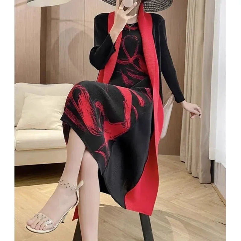 Folded Fake Two Piece Dress 2025 Spring Large Sleeves Round Neck Printed Mom's Dress  Y2k Dress