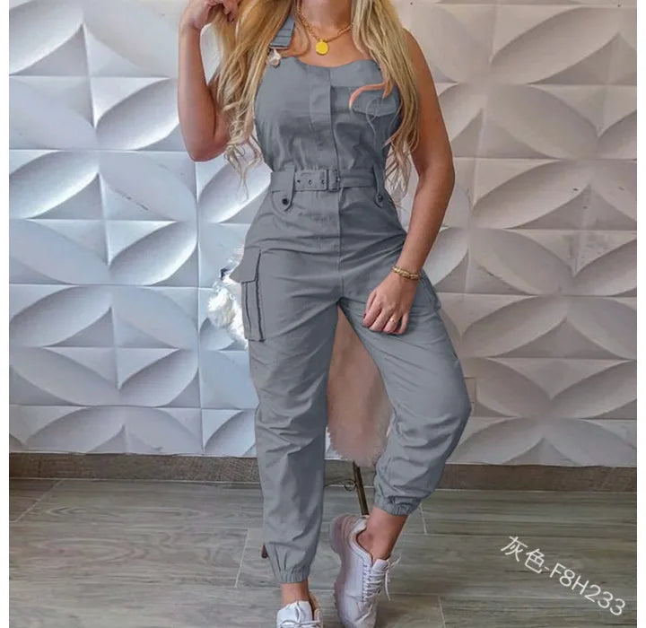 Autumn Women's Clothing Bodysuit Jumpsuit 2023 Simple Zipper Cargo High Waisted Conjoined Body Pants Sleeveless Strap Trousers