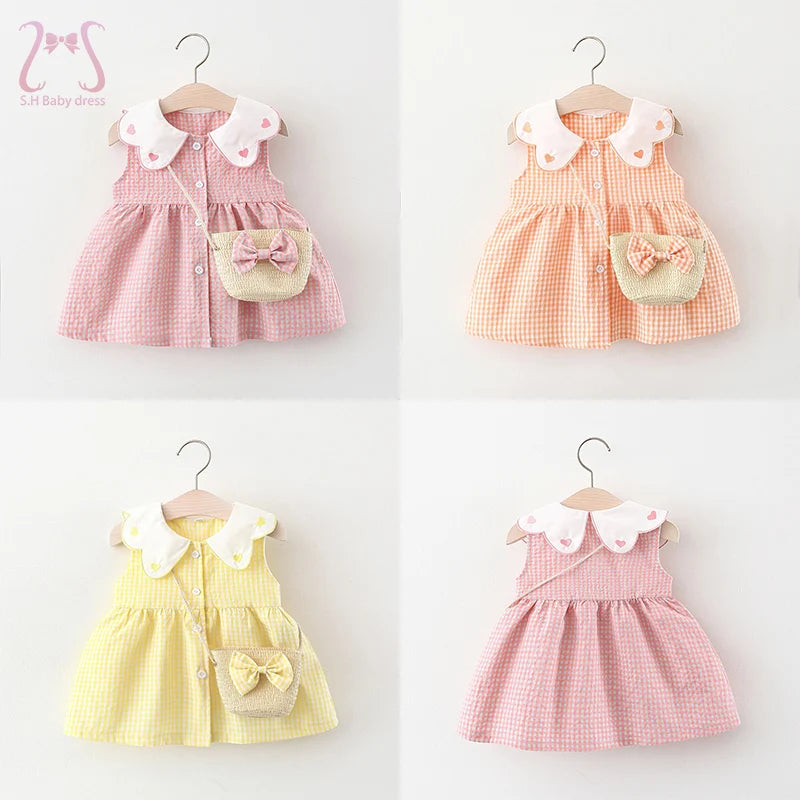 2Pcs/Set Toddler Girl Plaid Dresses Love Lapel Sleeveless Cotton Baby Children Clothes Summer Kids Costume 0 To 3 Years + Bag
