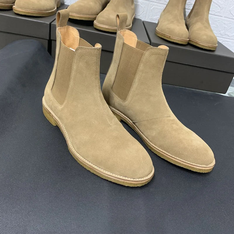 Brown Real Leather Elastic band Slip On Chelsea Boots Low Heels Men's Party Shoes Heel 3cm Wedding Botas