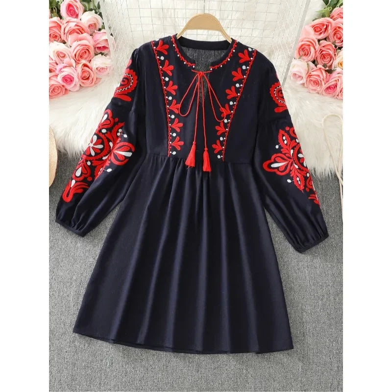 Boho Vacation Style Dresses Women Spring Autumn O Neck Ethnic Style Embroidery Dress Loose Vintage Fashion Vestidos Dropshipping