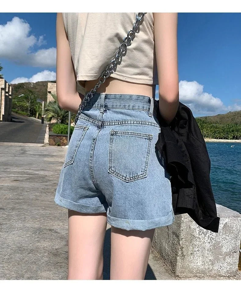 Shorts Women Black Gray Denim Shorts For Women Summer High Waist  Loose Ropa Mujer