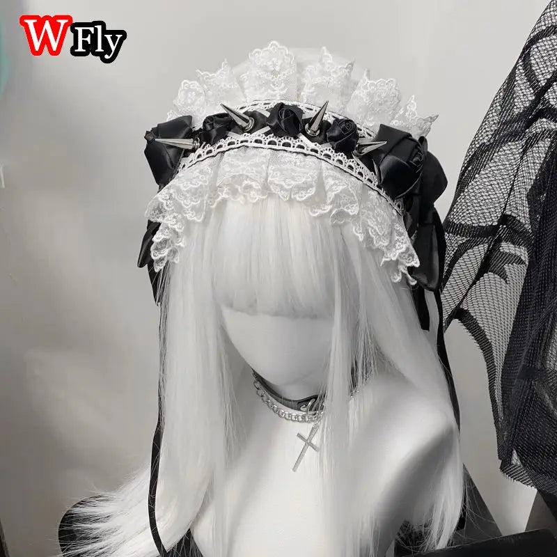 Women's Harajuku Steampunk Y2K Headwear Headband Subculture Lolita Original Handmade Lace Rivets Spicy Girls Gothic HairBands
