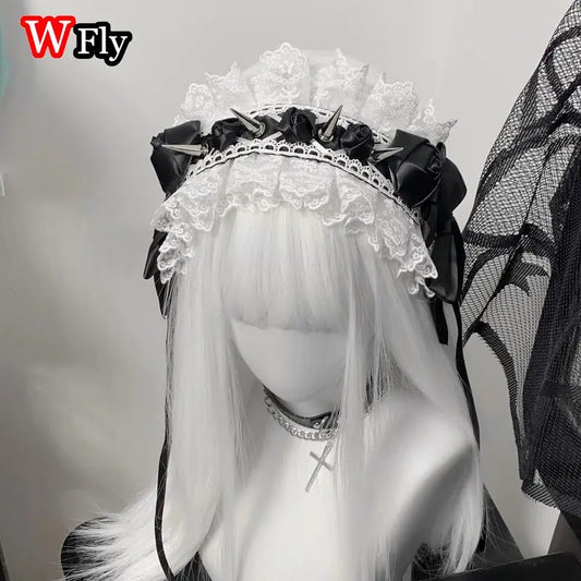 Women's Harajuku Steampunk Y2K Headwear Headband Subculture Lolita Original Handmade Lace Rivets Spicy Girls Gothic HairBands