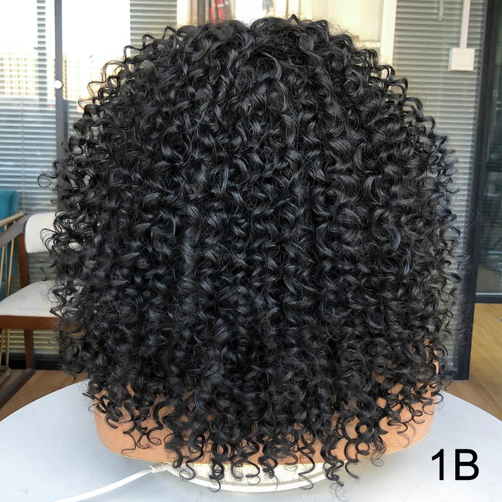 Short Bob Wig Lace Front Wigs for Women Afro Kinky Curly Wigs Ombre Brown Synthetic Middle Nature Hair Black Headgear with Clips