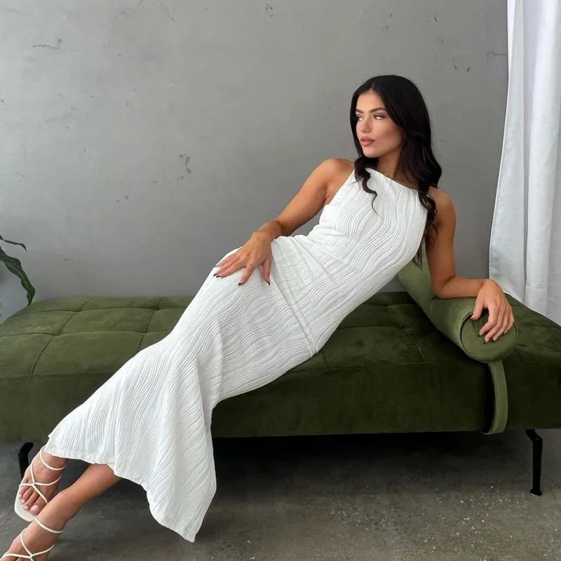 Women's Long Ruched Dress Sleeveless Slim Monochromatic Party Back Split Clubwear Female Outfits Summer Sexy 2024