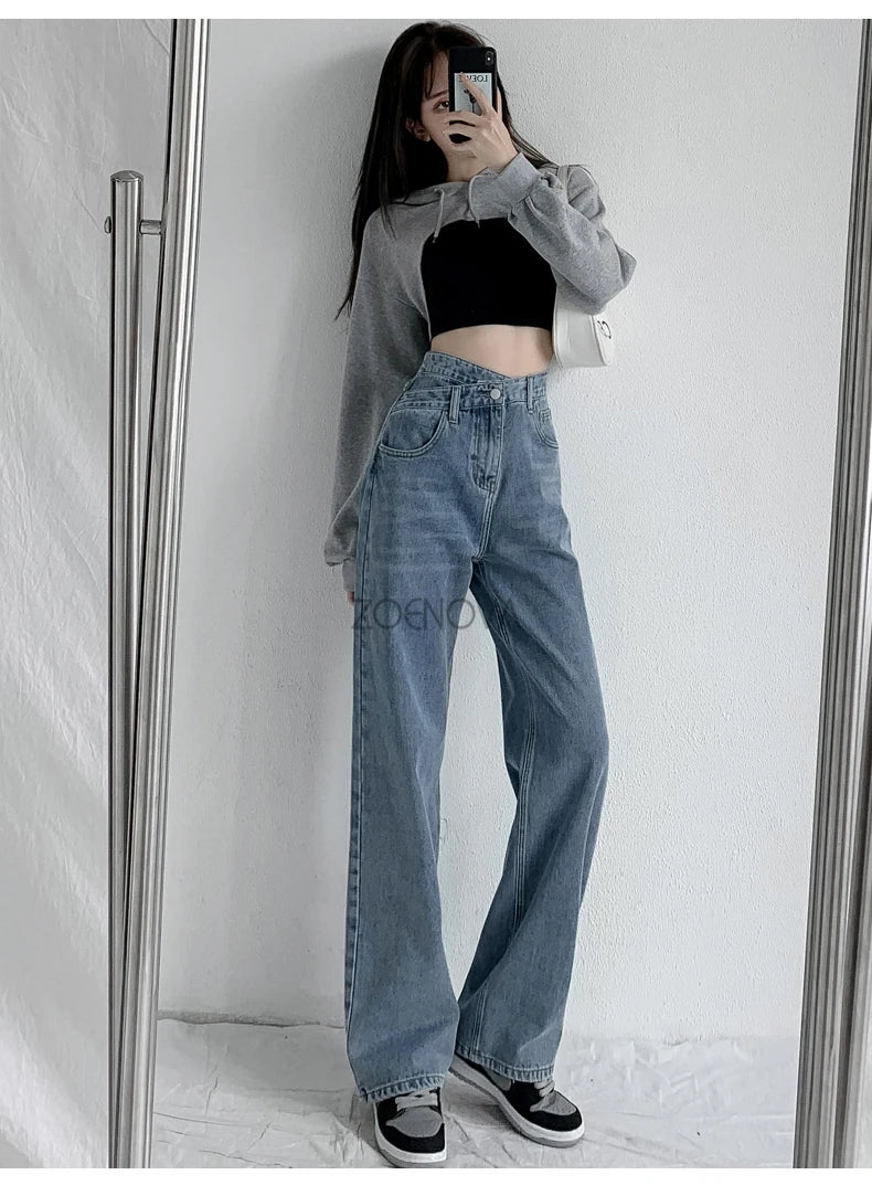 ZOENOVA Y2K 2023 Women Clothing Cross Waist Straight Wide Leg Pants Chic Korean Casual Commuting Style Baggy Streetwear Jeans