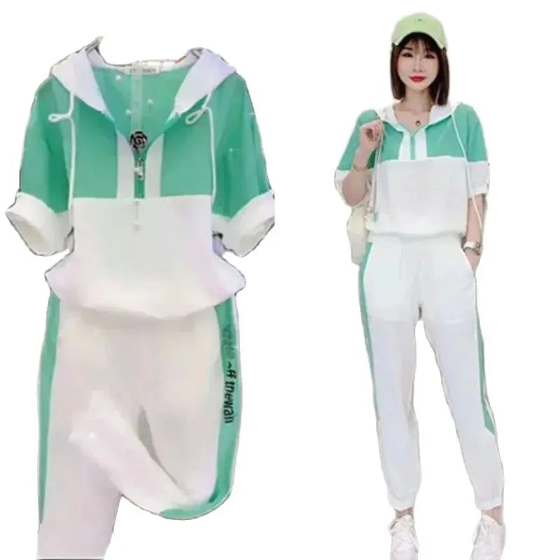 Women's Fashion Tracksuit Spring And Autumn New Casual Suit Short Sleeve Hooded Top Pants Two Piece Set For Women Loose Clothes