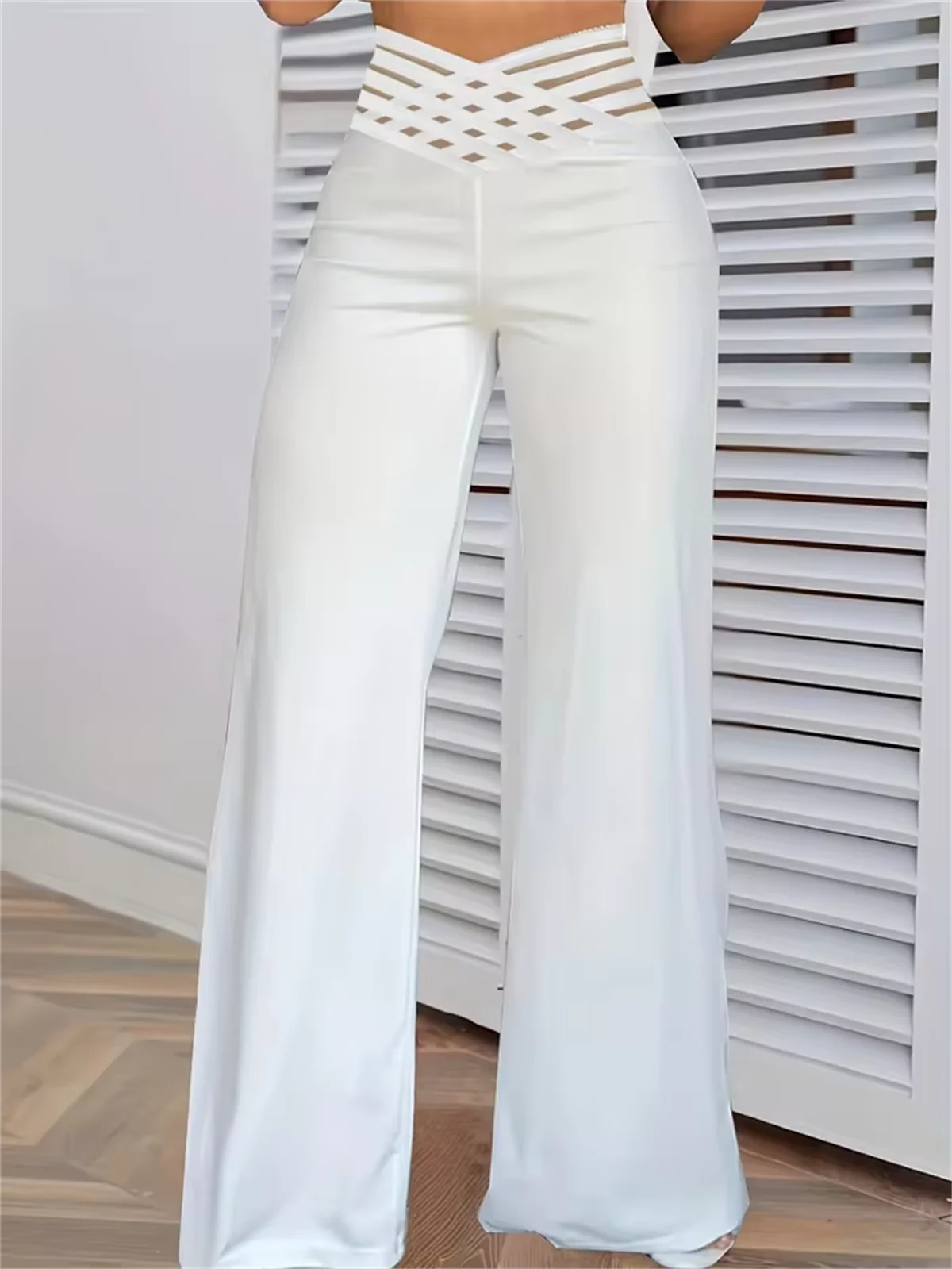 Women Wide Leg Flared Pants Hollow Out 2024 Fall High Waist Pant Casual Crisscross Sheer Mesh Patch Trousers Y2k Streetwear Chic
