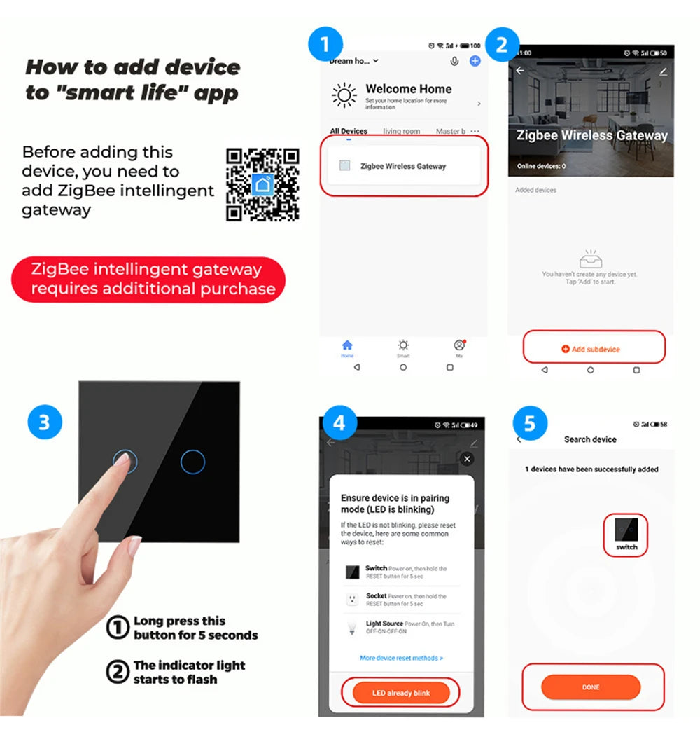 ZigBeeTuya Smart Light Touch Switch EU No Neutral Wire No Capacitor Required Smart Life 1/2/3 Gang Work with Alexa Google Home