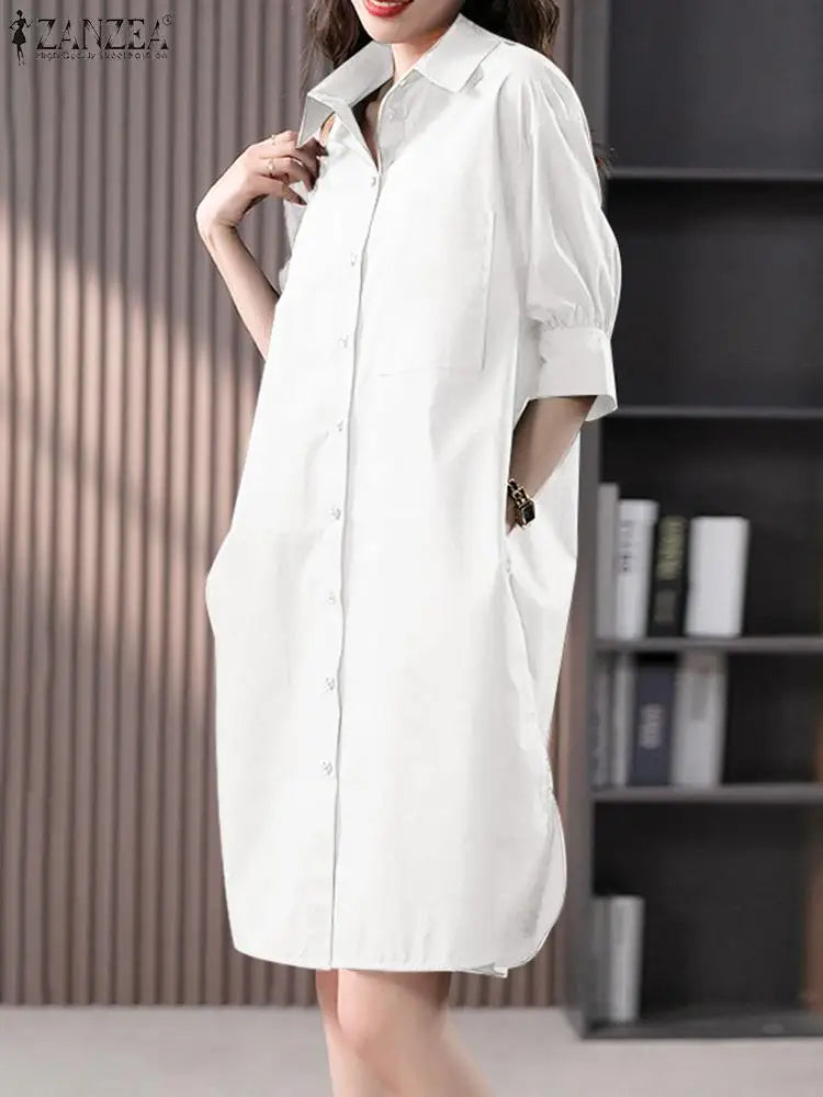 2023 Summer Autumn ZANZEA Women Dress 3/4 Sleeve Button-Up Loose Midi Shirt Dress Casual Party Vestidos OL Work Streetwear