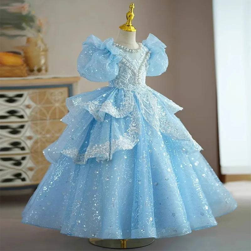 Shiny Baby Flower Girl Dresses Sequins With Pearls Children Princess Prom Birthday Show Kids Gowns