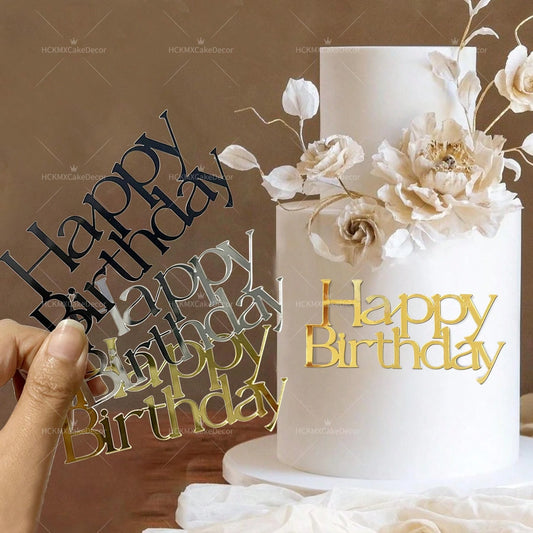 3PCS Happy Birthday Cake Topper Simple Lines Acrylic Gold Silver Black Dessert Toppers for Birthday Party Cake Decorations