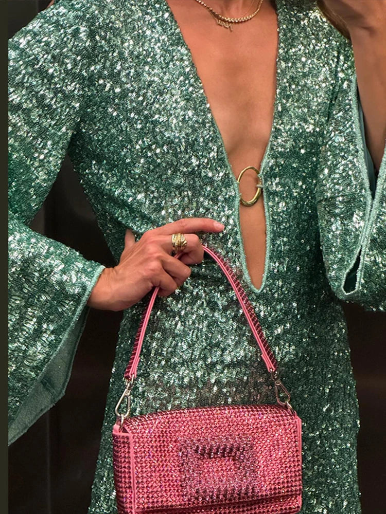 Y2K Sequins Hollow Out Mini Dress For Women Sexy Long Flare Sleeve Deep V-neck Short Dress 2024 Fashion Evening Party Vestidos