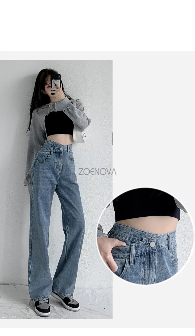 ZOENOVA Y2K 2023 Women Clothing Cross Waist Straight Wide Leg Pants Chic Korean Casual Commuting Style Baggy Streetwear Jeans