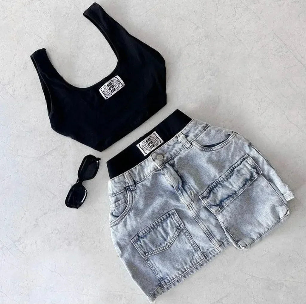Vacation Korean Style Sweet Style Two-piece Set Low Waist Retro Chic Camisole Printed Vest Summer Splicing Sexy Slim Denim Skirt