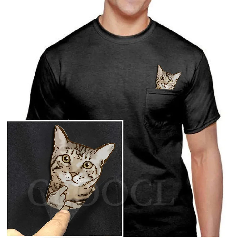CLOOCL Animals Cat Pocket T-Shirts Tabby Middle Finger Printed T-shirt Men for Women Summer Short Sleeve Shirts Cotton Tees Tops