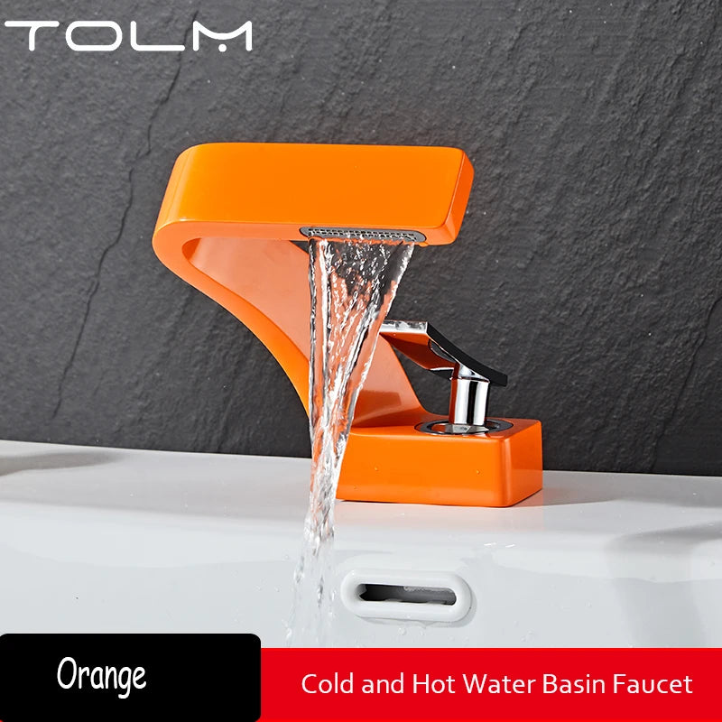 TOLM Chrome White Basin Faucet Deck Mounted Waterfall Bathroom Vessel Sink Mixer Tap Single Handle Hot Cold Water Tap