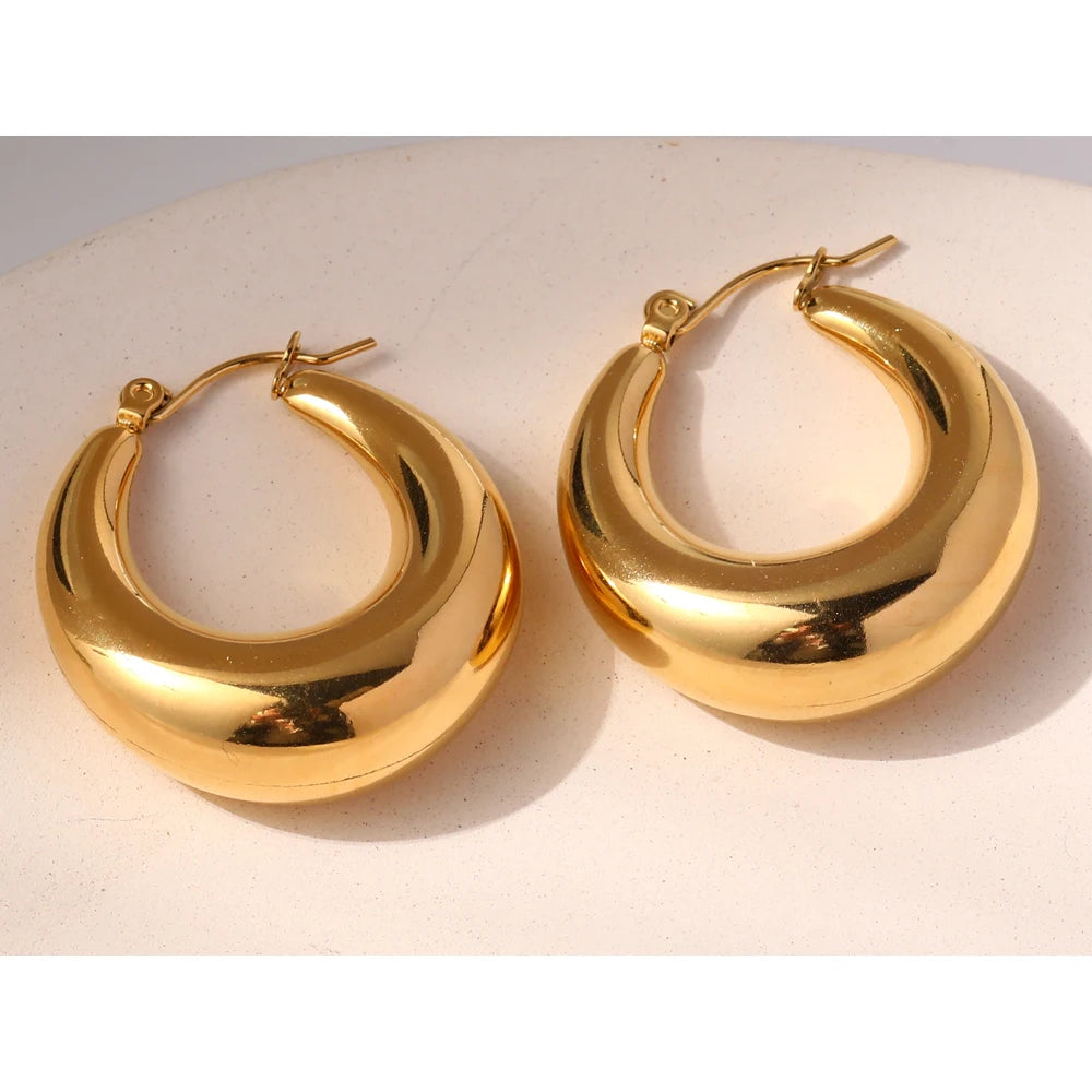 YACHAN 18K Gold Plated Smooth Stainless Steel Hoop Earrings for Women Trendy Hollow Punk Metal Jewelry Waterproof