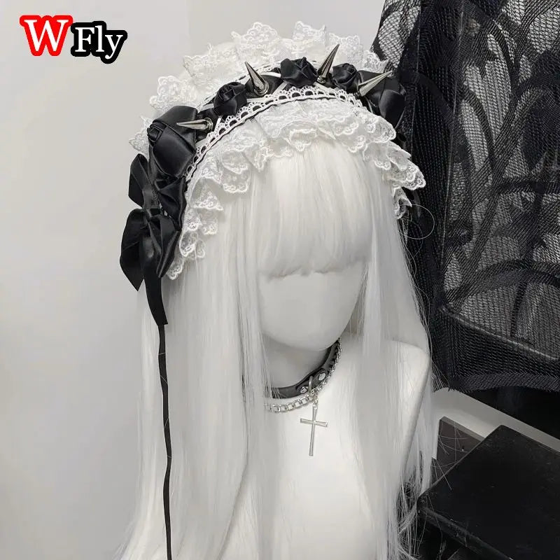 Women's Harajuku Steampunk Y2K Headwear Headband Subculture Lolita Original Handmade Lace Rivets Spicy Girls Gothic HairBands