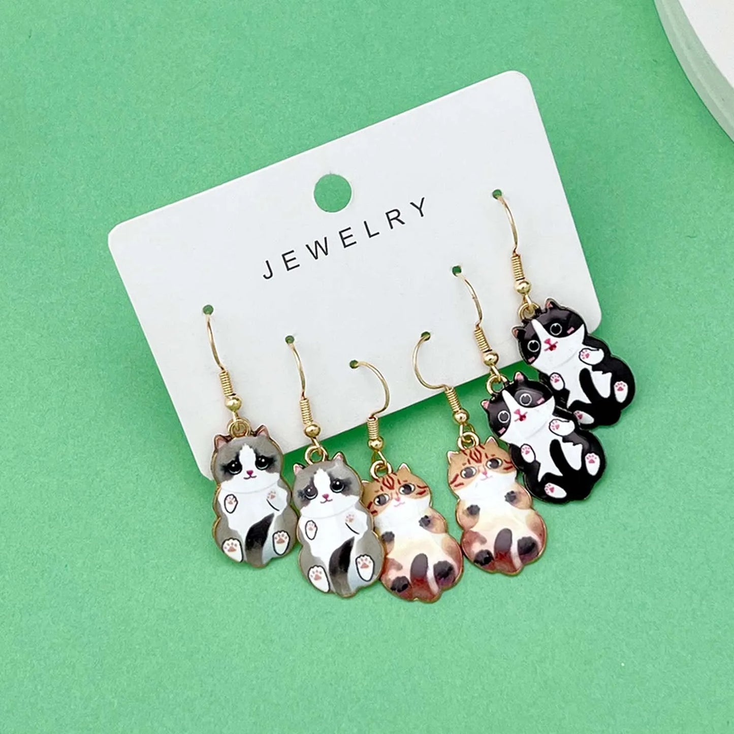 3 Pairs/Set Fashionable Enamel Cartoon Cute Cat Design Earrings, Jewelry Gifts For Women And Girls