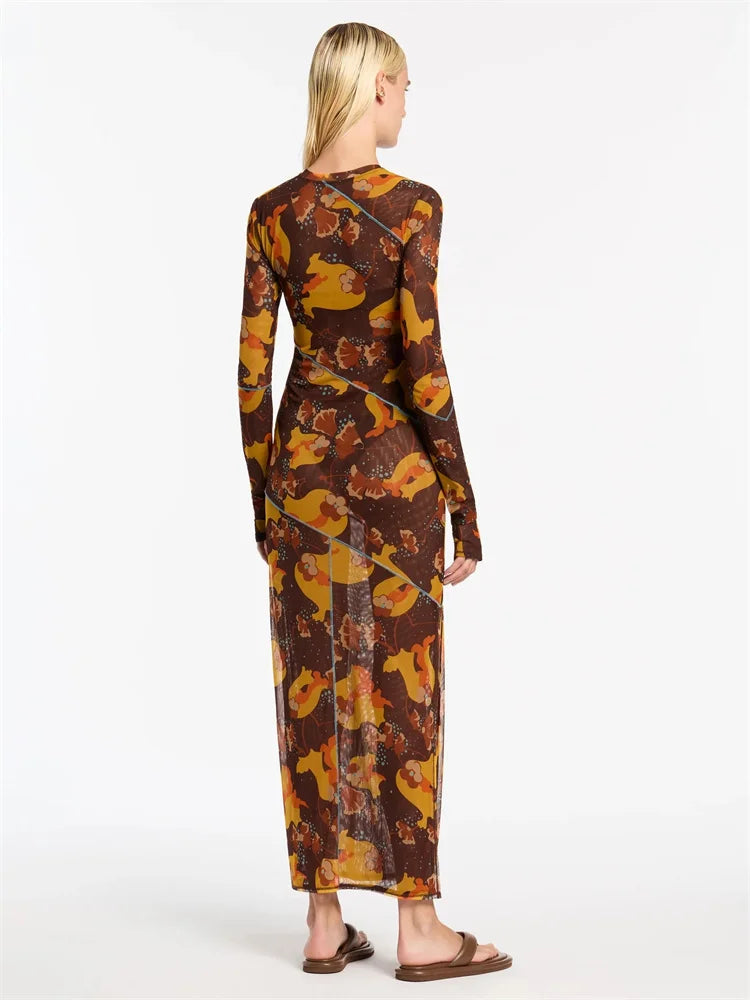 Fantoye Sexy Mesh Printed Transparent Pullover High Waist Women Dress O-Neck Long Sleeve Casual Nightclub Female Dress New 2023