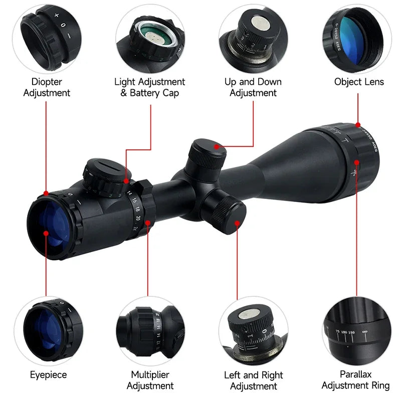 Tactical 6-24x50 AOEG Optical Sight Long Range Rifle Scope with Red Green Dot Laser Combo Riflescope Hunting Airsoft Scopes