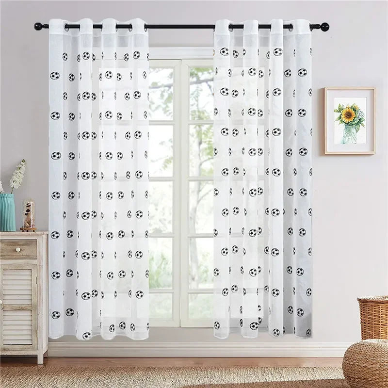 Football Embroidered Curtains, Tulle Curtain for Childrens Room, White Soccer Drapes for Living Room Bedroom Window Decoration