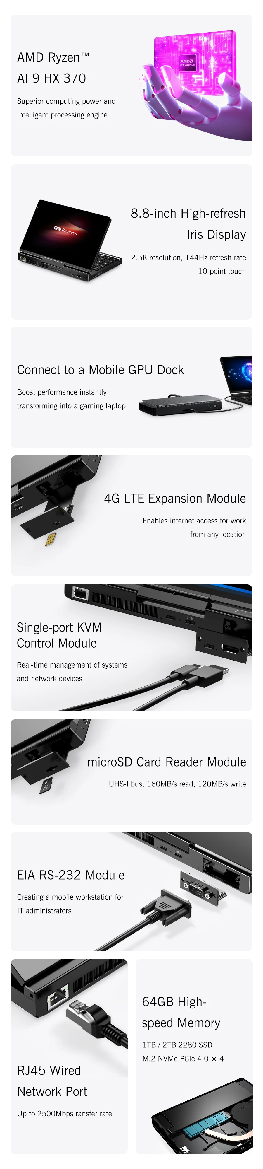 GPD Pocket 4 Mini Laptop 8.8-inch AMD AI 9 HX 370 64GB RAM Portable Mini PC 2TB NVMe flipped 180° business Laptop Computer