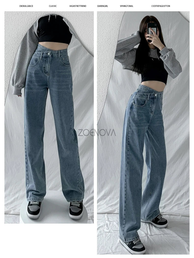 ZOENOVA Y2K 2023 Women Clothing Cross Waist Straight Wide Leg Pants Chic Korean Casual Commuting Style Baggy Streetwear Jeans