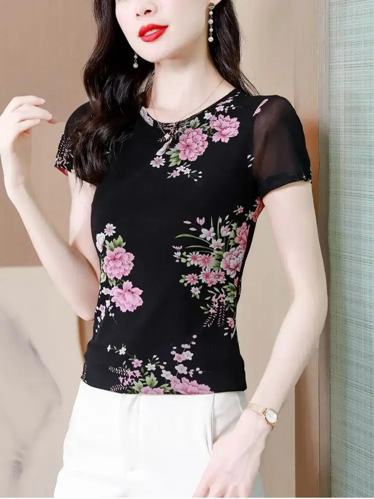 Ladies Spring Summer Clothing Floral Graphic O-Neck Pullovers Short Sleeve Tops Streetwear Women's T-Shirts New